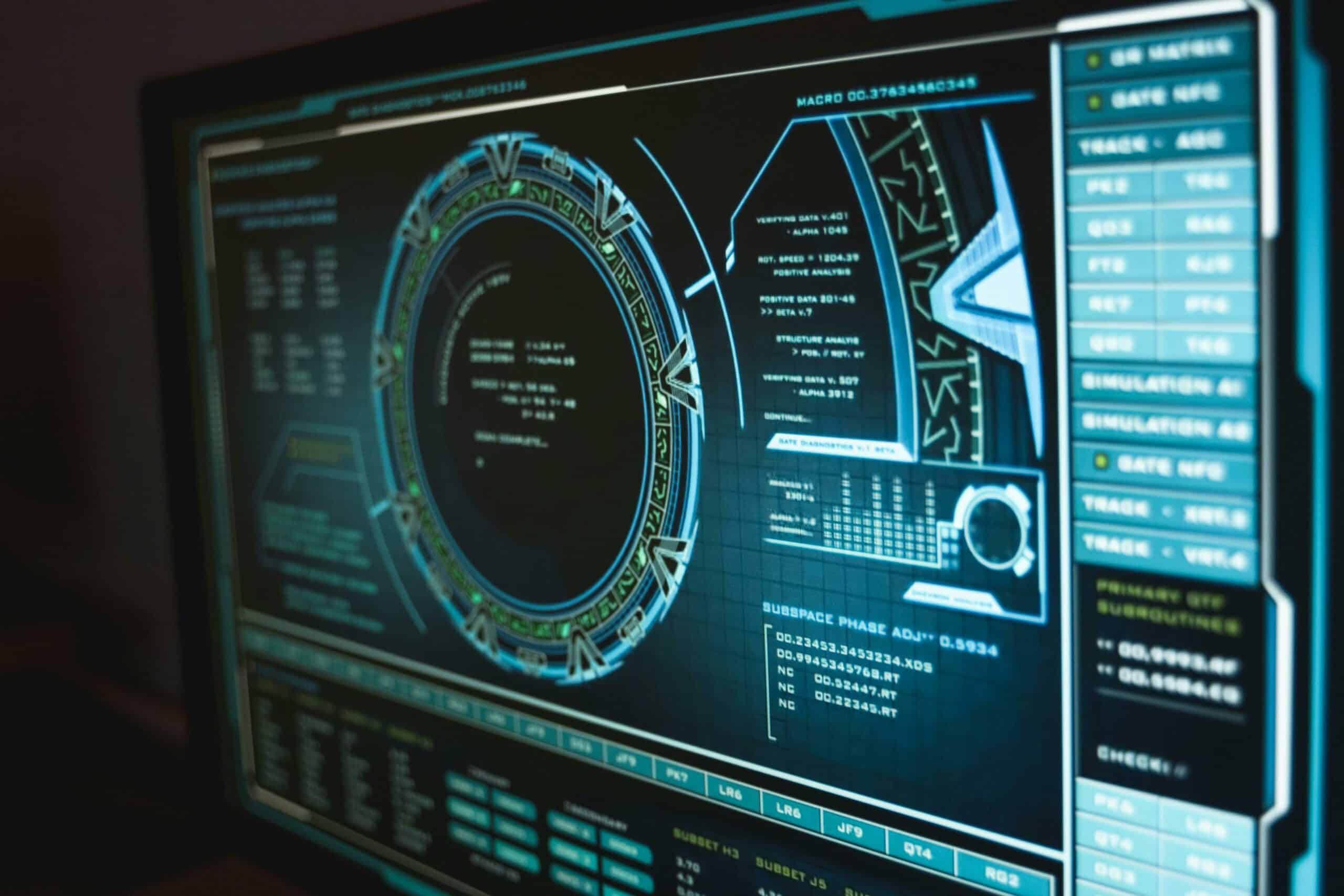 Futuristic digital control panel display with circular data visualization in teal tones